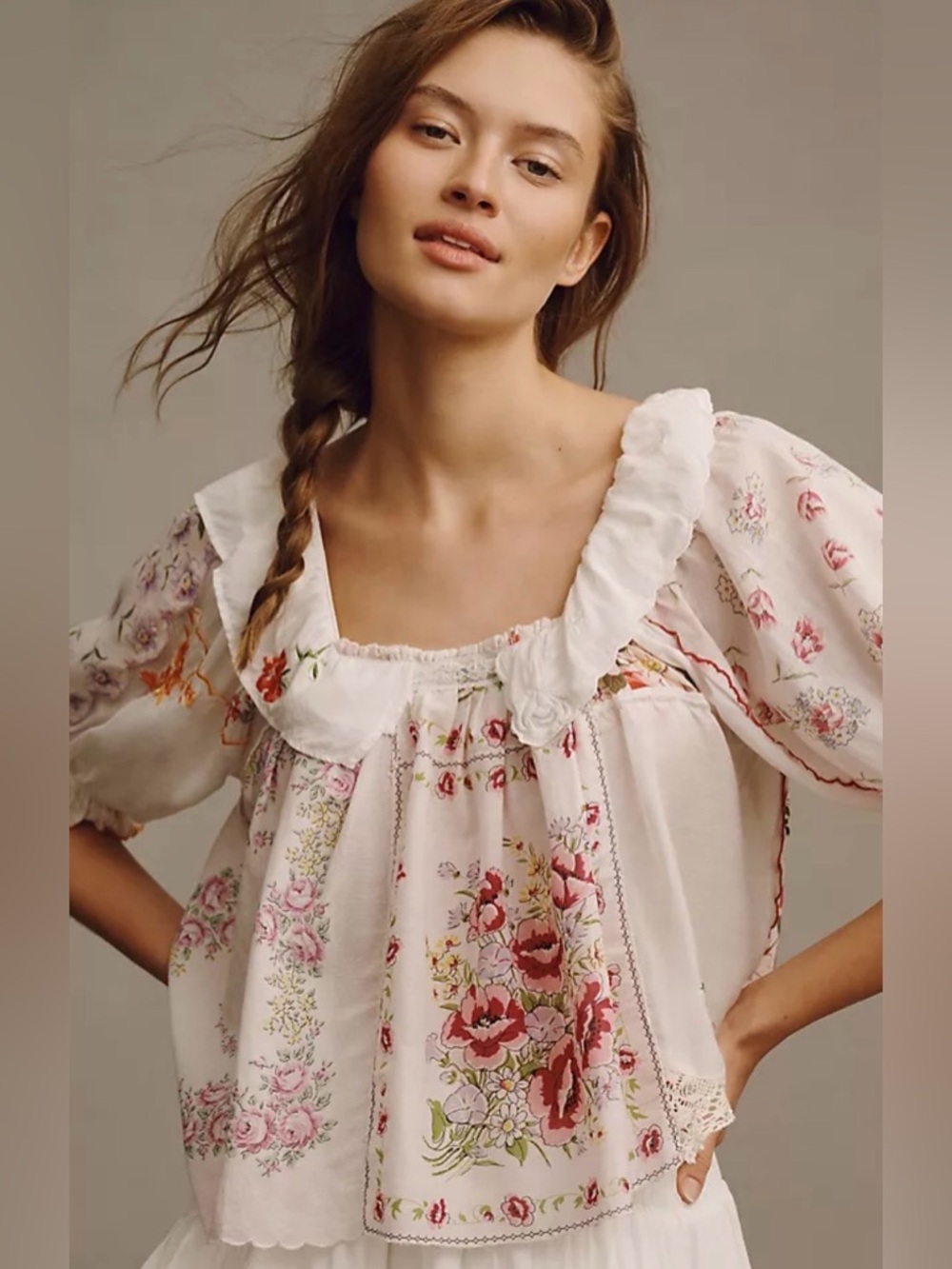 Anthropologie White Floral Ruffle Square-Neck Peasant Blouse